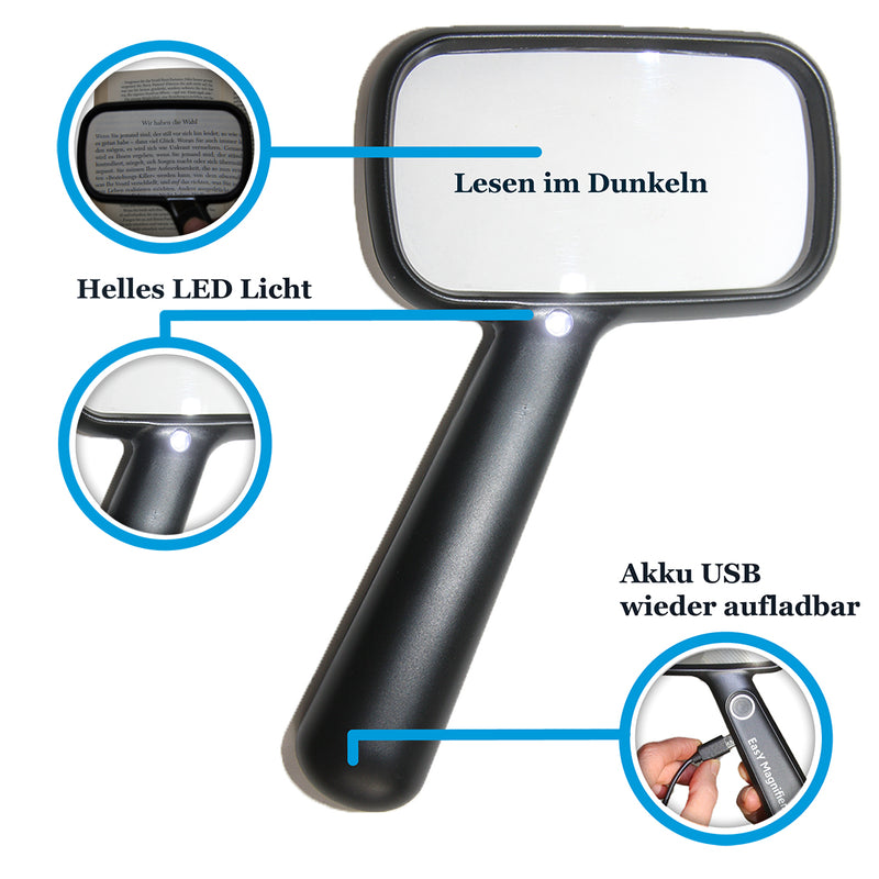 EasY Magnifier Grosse rechteckige Leselupe led licht
